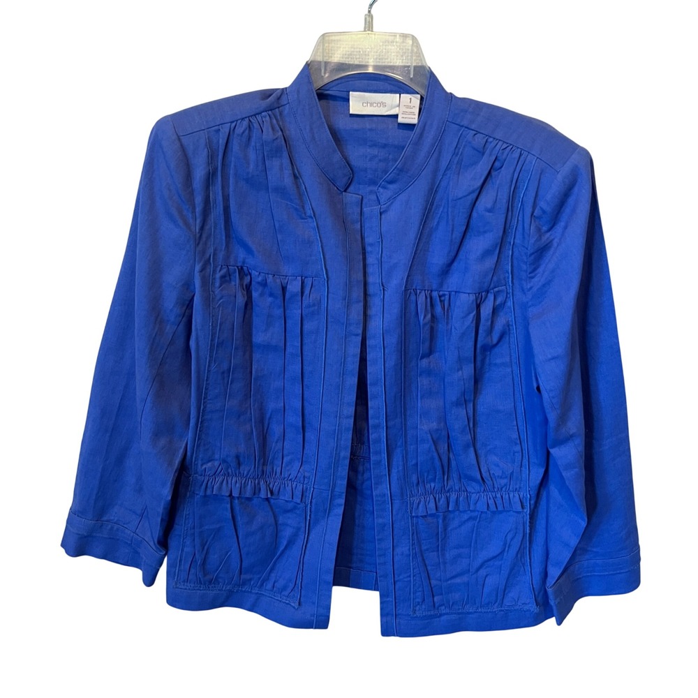 Chicos Periwinkle Blue Linen Blend Open Front Pleated Jacket Size 1 Medium